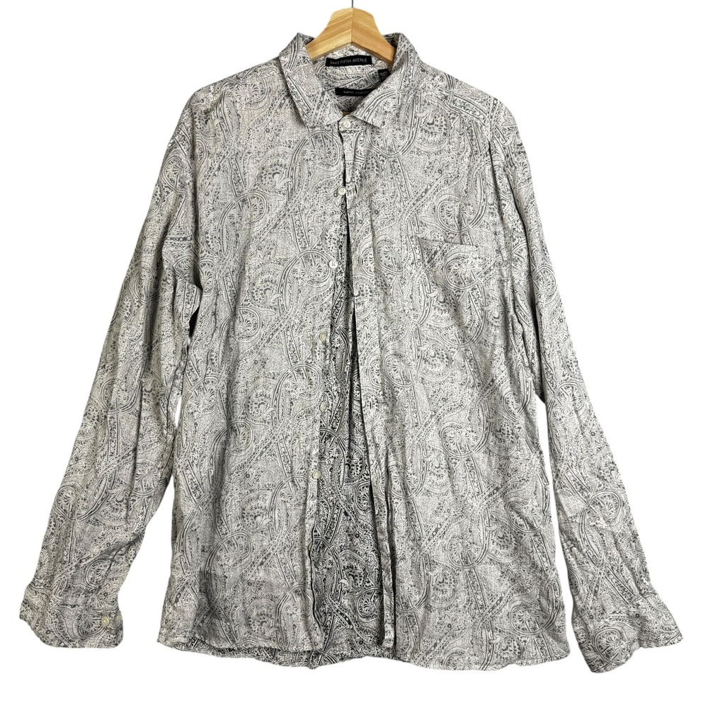 Saks Fifth Avenue Men Slim Linen Paisley Print Long Sleeve Button Up Shirt XXL